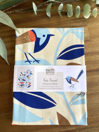 peaceful wrens organic cotton tea towel